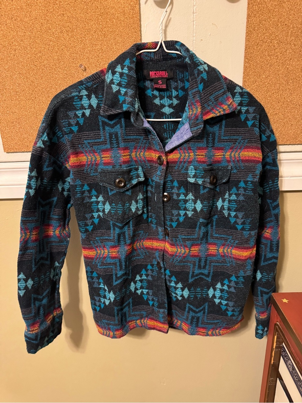 Patterned Shirt Jacket in Black & Teal for Women